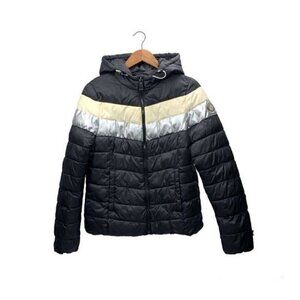 Steve Madden Striped Hip Length Puffer Jacket - Black/White, Size Medium Juniors